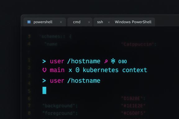 Dark terminal window with neon pink and cyan prompts showing user/hostname and Kubernetes context.