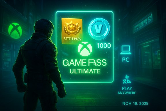 An armored figure stands before a neon holographic sign advertising Xbox Game Pass Ultimate and Battle Pass.