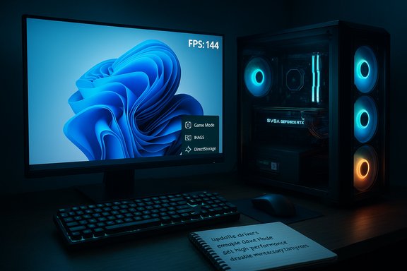 A blue-lit gaming setup with an RGB PC tower, a 144 FPS monitor, keyboard, mouse, and notebook.