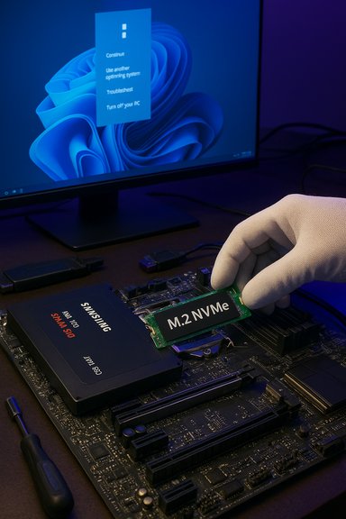 Gloved technician installs an M.2 NVMe SSD on a motherboard, with a Windows screen in the background.