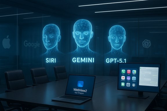 Futuristic conference room featuring holographic AI avatars Siri, Gemini, and GPT-5.1.