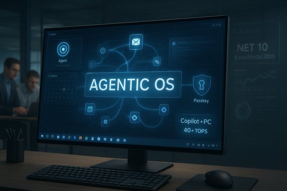 A futuristic monitor displays AGENTIC OS with neon blue UI in a tech office.