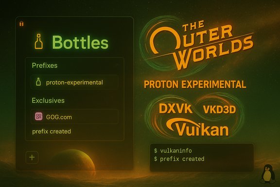 Split-screen poster: Bottles app with proton-experimental prefix beside The Outer Worlds Vulkan branding.