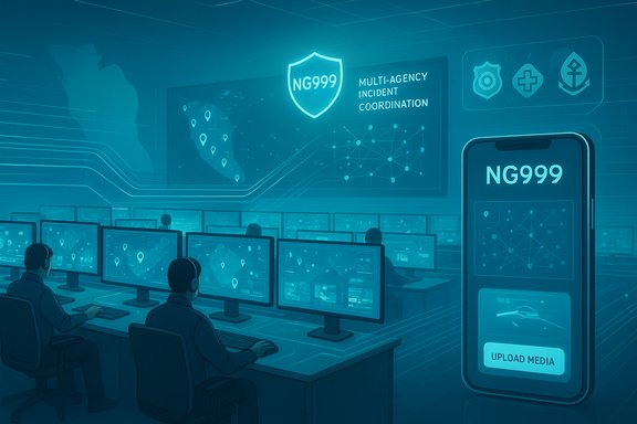 A futuristic NG999 operations center with operators monitoring maps on multiple screens.