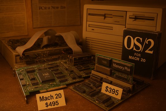 A vintage computer hardware display featuring an Intel motherboard, memory cards, and an OS/2 for Mach 20 box.