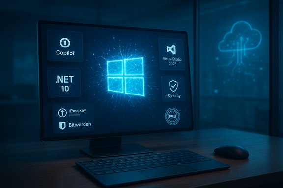 Blue neon Windows desktop with glowing app icons and cloud motif.