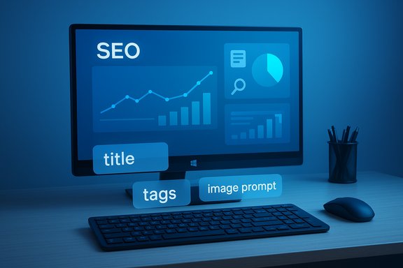 Blue-tinted desk with an SEO dashboard on the monitor and floating labels like title and tags.