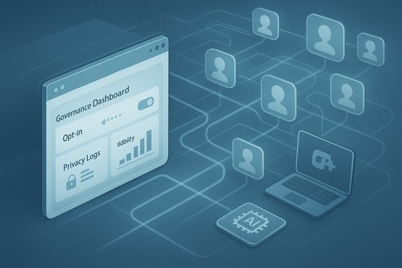 A governance dashboard with privacy controls, opt-in options, and identity in a connected digital network.