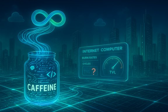 A neon caffeine jar releases glowing vapor toward a futuristic Internet Computer dashboard.