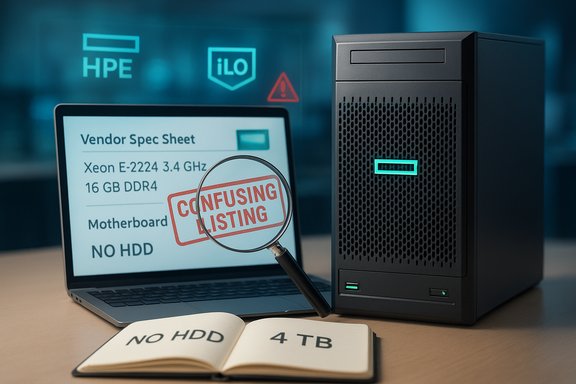 A magnifying glass highlights a 'CONFUSING LISTING' stamp on a vendor spec sheet for a no-HDD server.