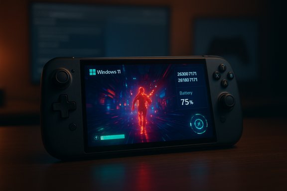 A handheld gaming console shows Windows 11 with a neon runner and 75% battery.
