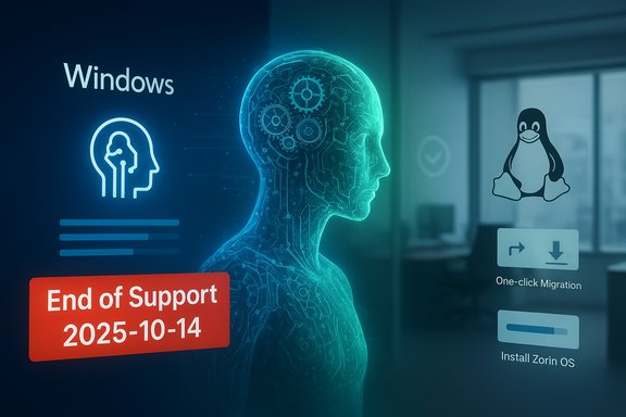 Holographic UI shows Windows end-of-support notice with Linux migration options.