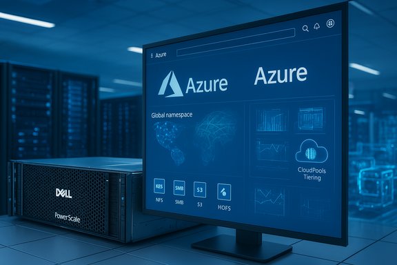 Data center with a Dell PowerScale server beside an Azure-branded display.