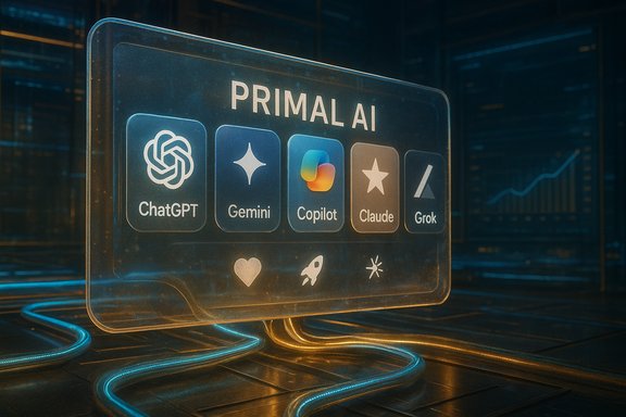 A neon-lit display shows PRIMAL AI icons: ChatGPT, Gemini, Copilot, Claude, and Grok.