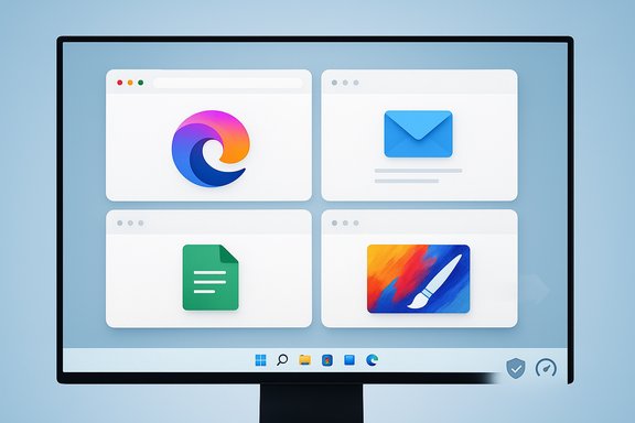 A computer monitor shows a four-window desktop with colorful app icons.