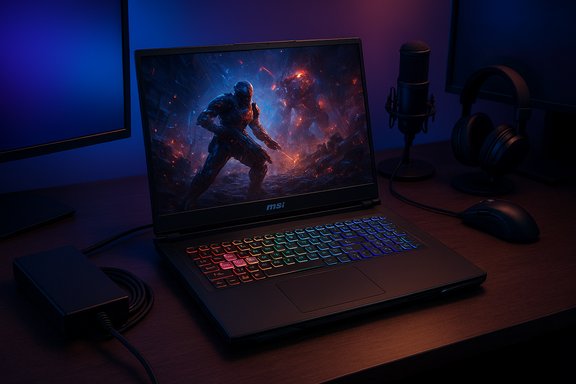 MSI gaming laptop with rainbow RGB keyboard on a desk, surrounded by a mic, headphones and monitor.