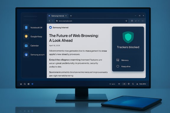 A dark desktop monitor shows a web article about the future of web browsing, with a Trackers blocked panel.