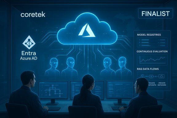 Three analysts monitor a blue cloud dashboard featuring Entra Azure AD; finalist.