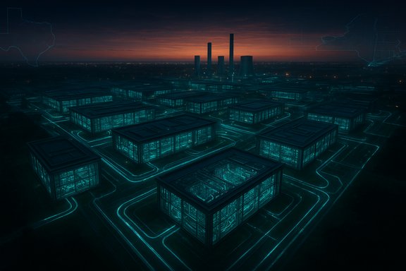 A futuristic data-center campus of glass-walled cubes glowing cyan at dusk.
