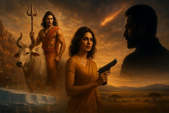 A saffron-clad woman holds a pistol as a warrior on a bull and a shadowed foe looms at sunset.