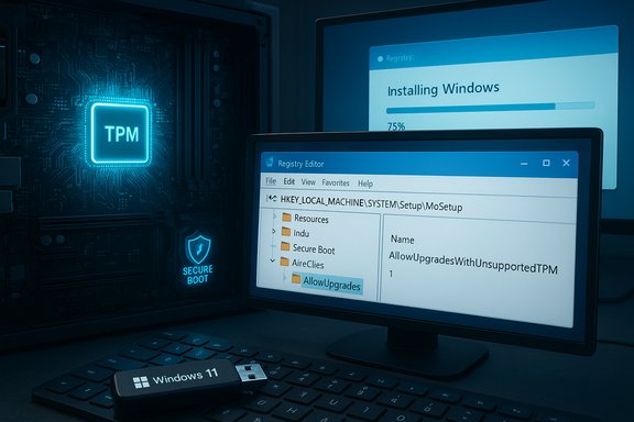 Blue-tinted PC setup with a TPM chip, Secure Boot badge, Windows 11 installer, and Registry Editor open.