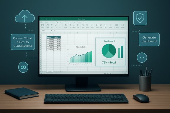 A desktop monitor on a wooden desk displays a spreadsheet with charts and dashboard graphics.
