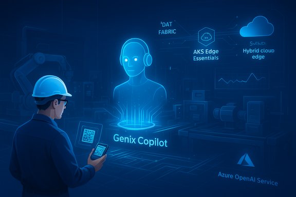 Engineer in a hard hat uses the Genix Copilot hologram for AI-assisted manufacturing on Azure OpenAI Service.