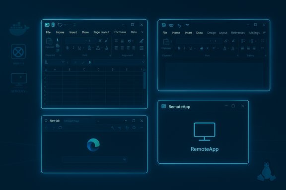 Futuristic neon-blue outline of multiple Windows apps (Excel, Word, Edge, RemoteApp) floating.