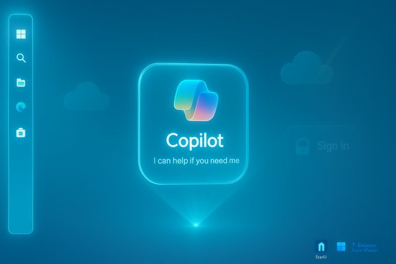 A glowing blue Copilot app icon with the slogan 'I can help if you need me' on a cloud-themed UI.