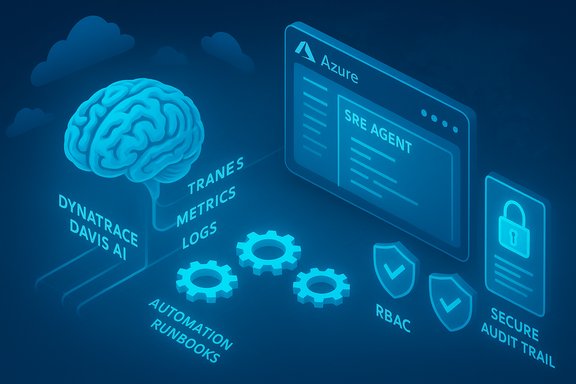 Azure cloud tech illustration with Dynatrace AI, SRE agent, metrics, logs, RBAC, and secure audit trail.
