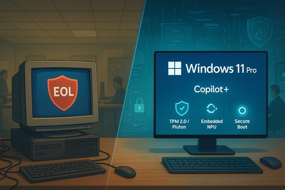 Retro PC with an EOL shield sits beside a Windows 11 Pro Copilot+ workstation.