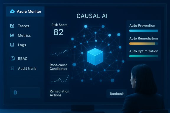 A person reviews a dark Azure Monitor dashboard for CAUSAL AI, featuring risk score and auto-remediation controls.