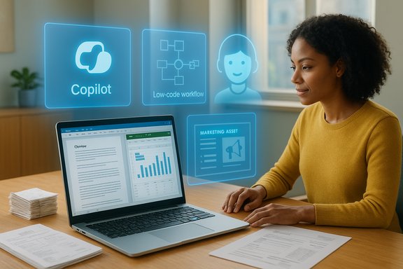 A woman at a desk uses a laptop with blue holographic UI panels hovering in front.