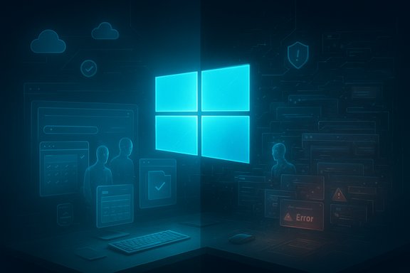 A glowing Windows logo on a blue digital backdrop with UI panels.