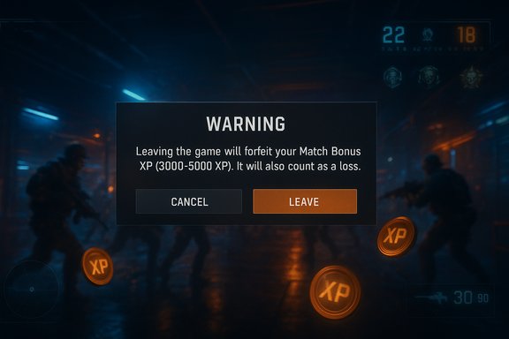 A warning dialog in a shooter game warns that leaving will forfeit XP and count as a loss. A warning dialog in a shooter game warns that leaving will forfeit XP and count as a loss.