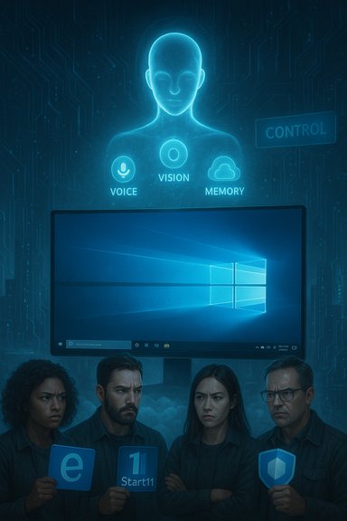 A team stands beneath a glowing holographic AI interface showing Voice, Vision, Memory above a Windows 11 display.