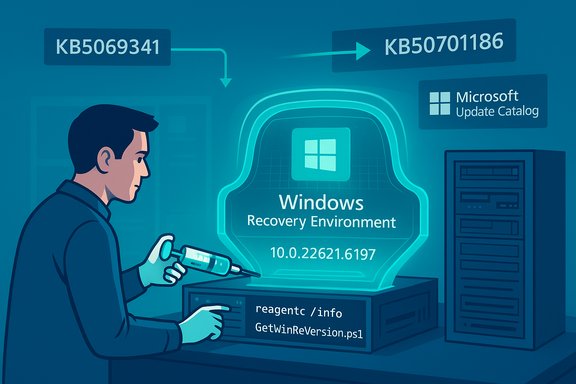 A technician works with a Windows Recovery Environment hologram displaying version 10.0.22621.6197.