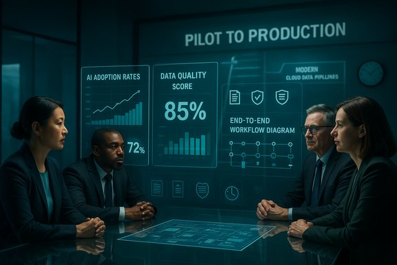 Executives review holographic dashboards in a pilot-to-production strategy session.
