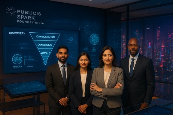 Four professionals pose in a high-tech office with a funnel diagram on screen.