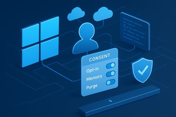 Blue digital privacy scene with a consent panel showing Opt-in, Memory, Purge toggles, user icon, and shield.