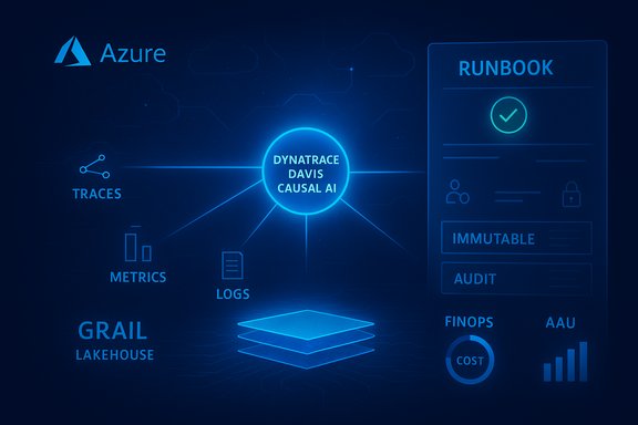 Azure dashboard linking traces, metrics, and logs to Dynatrace Davis Causal AI and runbook.