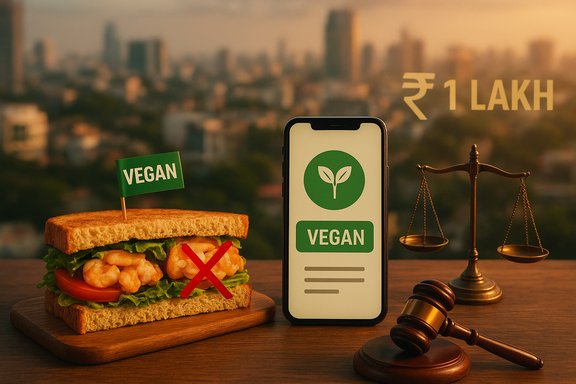 Vegan sandwich and app contrasted with a gavel and scales, symbolizing vegan-label legality.