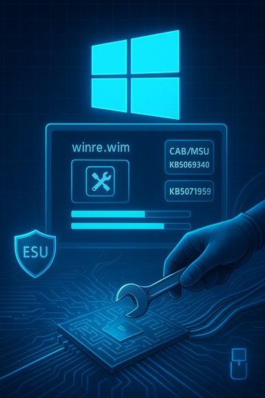 Neon Windows repair scene: a hand wrenches a circuit board as recovery files load.