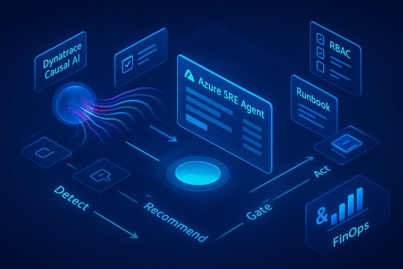Blue holographic diagram of Azure SRE Agent with AI-driven detect, recommend, and act workflow.