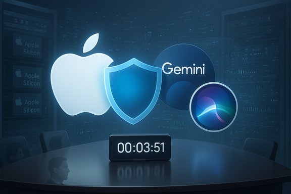 Apple Silicon logo, shield, Gemini badge, and colorful orb hover over a conference table.