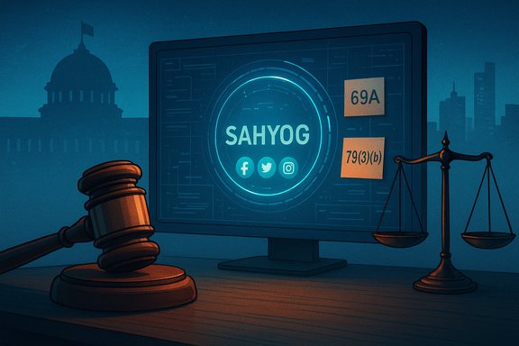 A legal-tech desk with a monitor showing 'SAHYOG', a judge’s gavel, and scales of justice.