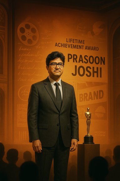 Man in a black suit stands beside a golden award statue at a Lifetime Achievement Award ceremony.