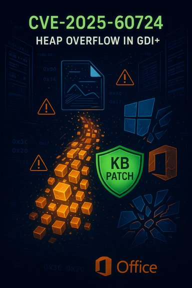 Poster illustrating CVE-2025-60724 heap overflow in GDI+ with KB Patch and Office. Poster illustrating CVE-2025-60724 heap overflow in GDI+ with KB Patch and Office.
