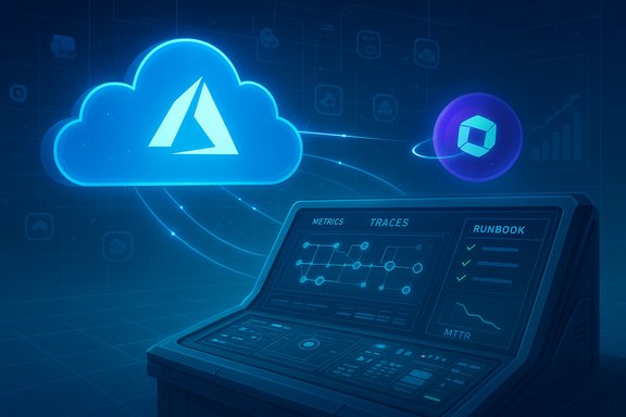 Futuristic cloud analytics interface with Azure cloud icon, runbook, and data traces.