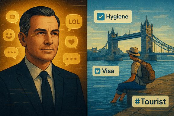 Split image: a business figure overwhelmed by emoji bubbles, and a traveler by Tower Bridge with Visa, Hygiene, and #Tourist tags.